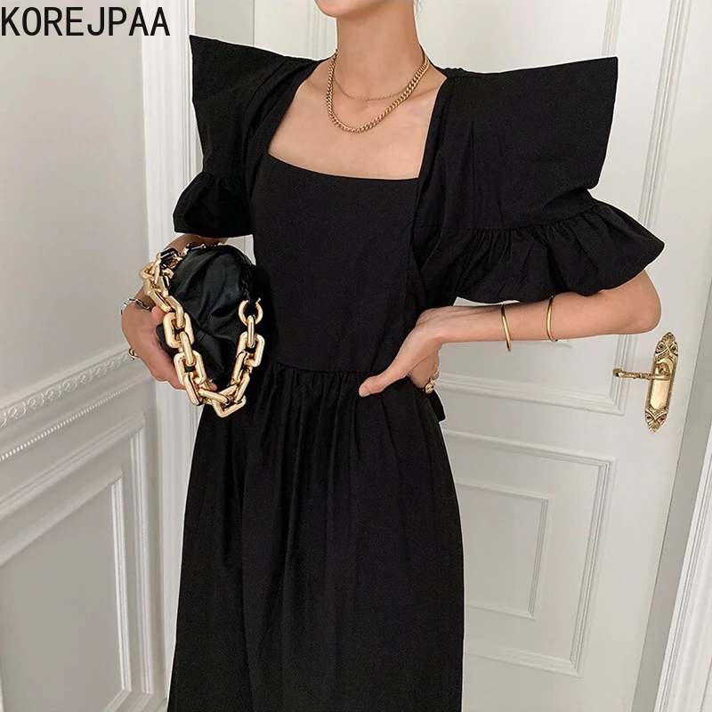 

Korejpaa Women Dress 2021 Summer Korean Fashion Elegant Solid Court Style Square Collar Design Ruffles Flying Sleeves Dresses