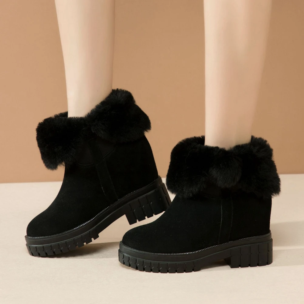 

RIBETRINI Brand New high-quality Cow Suede Leather With Fur Stylish Winter Shoes Boots Women Internal Increase Heels Snow Boots