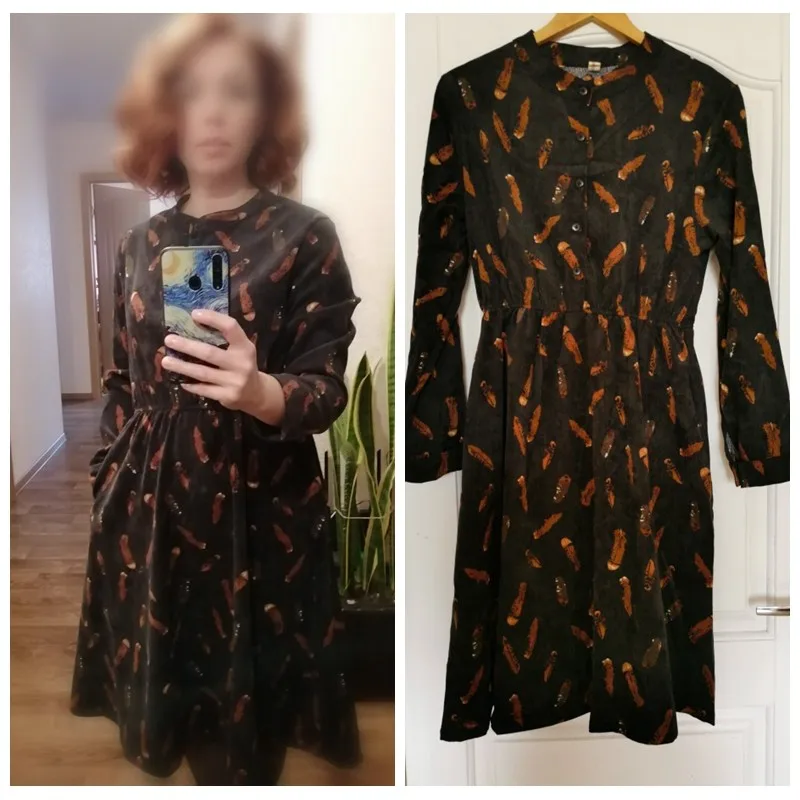 Женское вельветовое платье с цветочным принтом средней длины|Женские платья| |