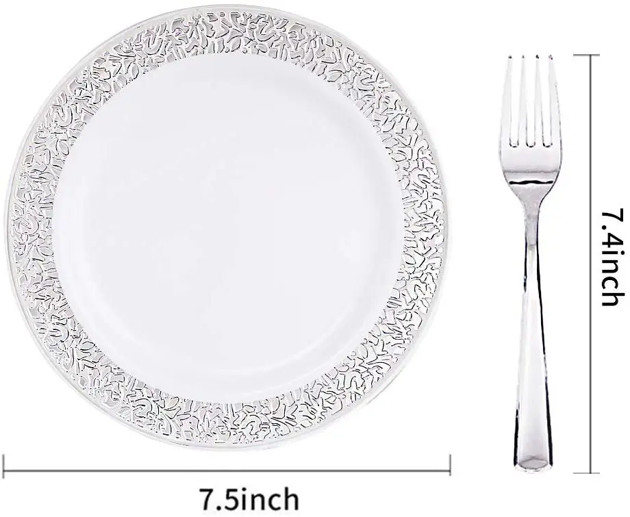 25 шт. Серебристые десертные тарелки с одноразовыми вилками набор кружевных