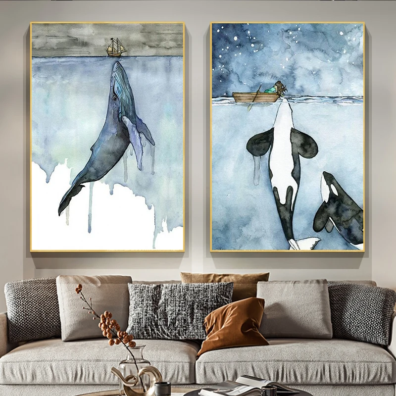 

Orca Watercolor Painting Whale Seascape Wall Art Pictures Poster and Prints Painting Cuadros Artwork for living Room Home Decor