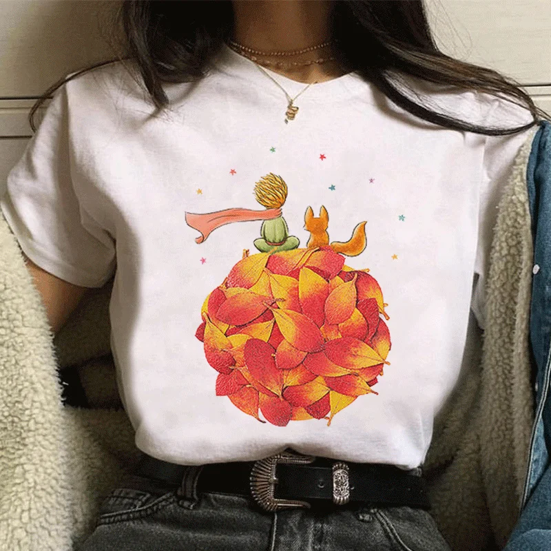 New Earth Space Little Prince Patterned Short Sleeves Fashion Harajuku Kawaii Shirts Cartoon Women Blusas Clothing Streetwear | Женская
