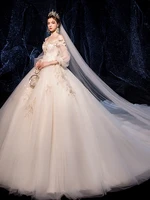 high quality luxury lace aqqliques sexy wedding dress boat neck bride dream princess robe de mariee sequin vestidos de novia