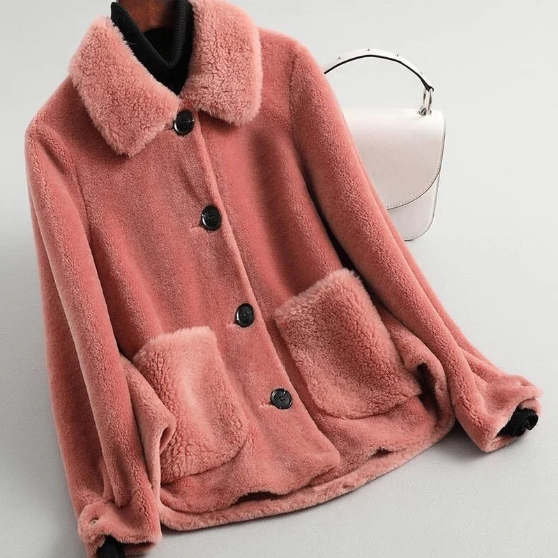 Women Autumn Winter Real Lamb Fur Sheepskin Coat Genuine Granular Sheep Shearing Jacket Female Casual Warm Outerwear X106