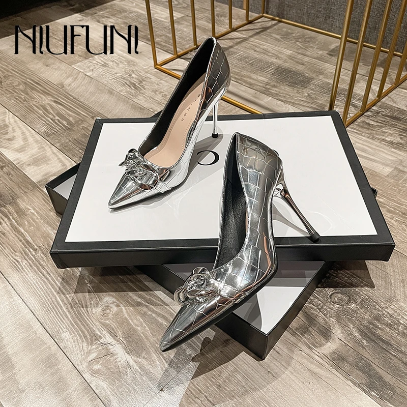 Silver Stone Pattern High Heels Female Stiletto Pointed Sexy Pumps Wedding Party Women Shoes Slip-On Metal Chain Gladiator Shoes