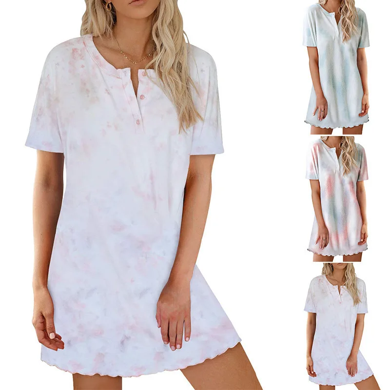 

Donsignet New Tie Dye Homewear Dresses Short Sleeve Pajamas Women Summer Knee-Length Print Short Sleeve Dresses for Women