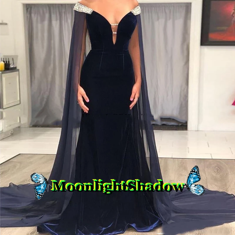 

Navy Blue Off The Shoulder Evening Dress Velvet Celebrity Beads Bling Saudi Arabian Vestidos De Festa Formal Dress Prom Party