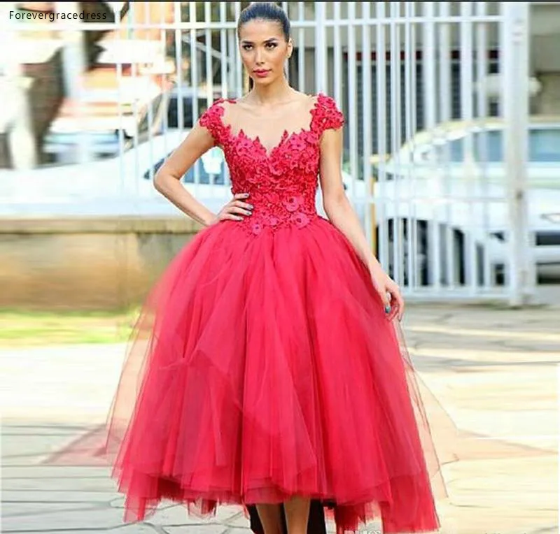 

2019 Red Prom Dress Jewel Sheer Neck Applique Tiered Ruffle Formal Holiday Wear Party Gown Custom Made Plus Size