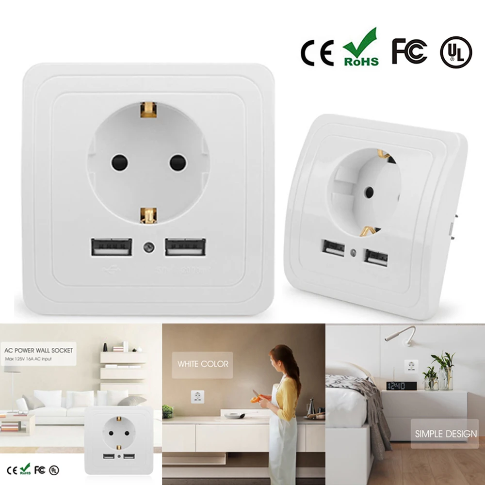 Штепсельная розетка с двойным USB 16 А штепсельная вилка европейского стандарта