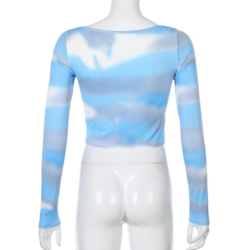 

Tie Dye Print Blue Crop Tops Women Nice Pop Autumn O Neck Long Sleeve Button Cardigan Top Sexy Slim Short Tshirt Small Outerwear