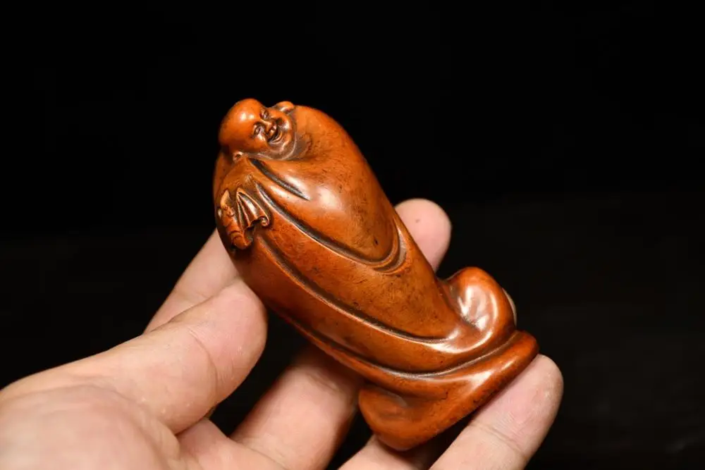 

Home Decor 4" China Collection Old Boxwood Maitreya Buddha Statue Carving Big Belly Buddha Bat Wood Carving Amitabha