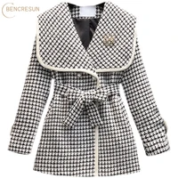 vintage houndstooth coats autumn and winter double breasted fashion navy collar adjustable waist blouse mid length outwear