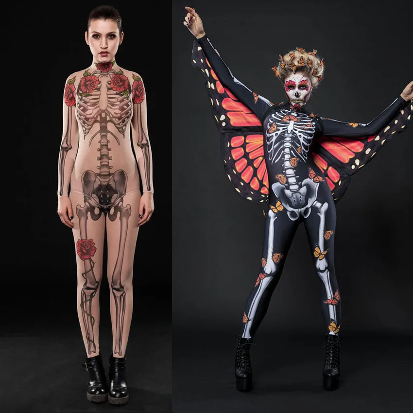 

Women Sexy Jumpsuit Gothic Skeleton Jumpsuit Halloween Scary Skull Bodysuit Full Sleeve Bodycon 3D Print Terror Catsuit
