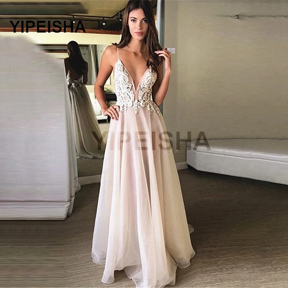 

Sexy Deep V-Neck Spaghetti Strap Evening Dress Backless Lace Appliques Floor Length Sleeves Prom Party Gown robe de soirée