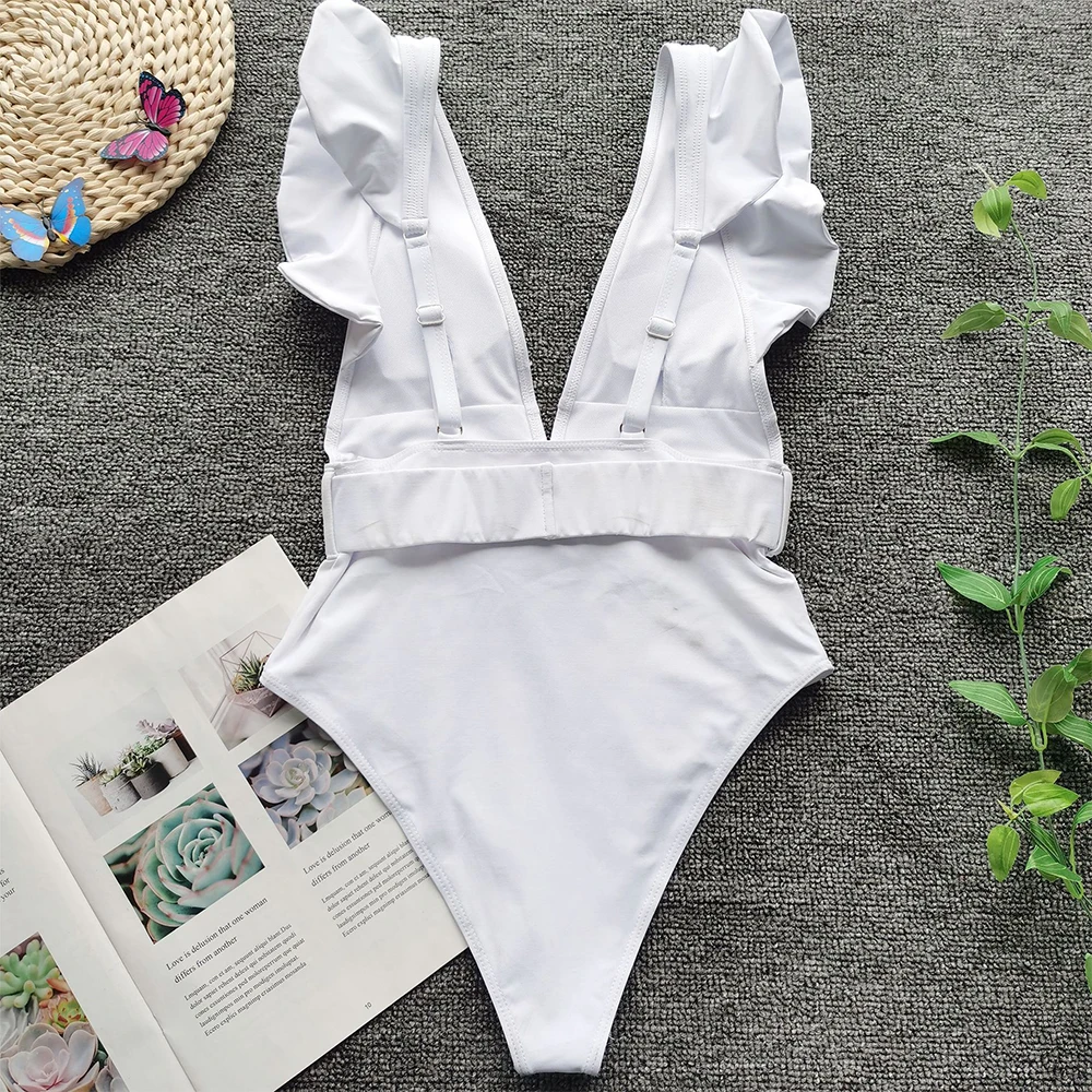 

2021 New Sexy One Piece Swimsuit Women Ruffle Swimwear Solid Bodysuit Swimsuit Push Up Monokini Bathing Suits Summer Beach Wear