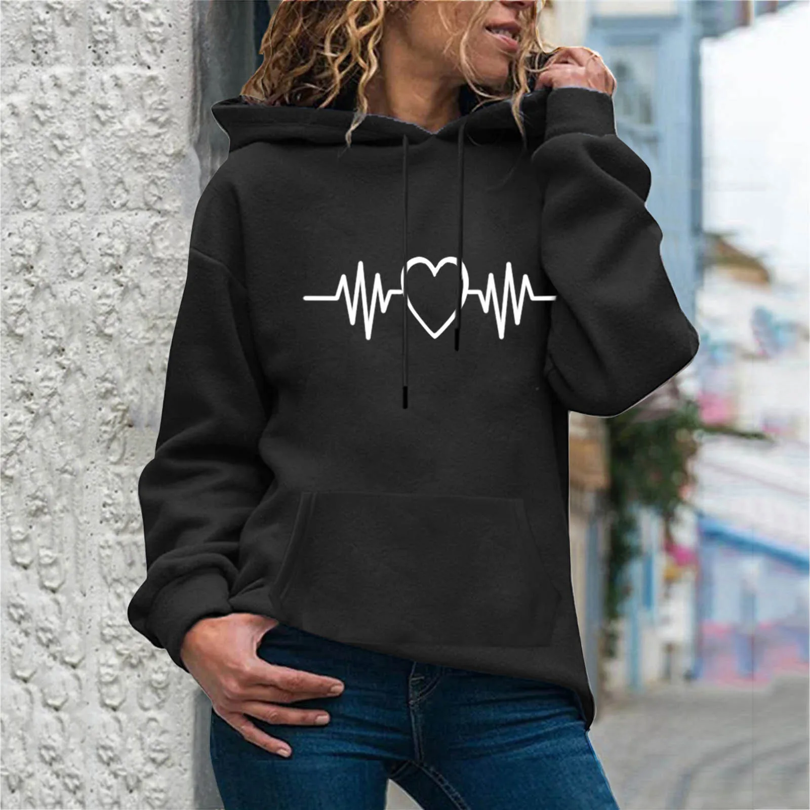 2021 Valentine's Day Love Cardiogram Printing Sweatshirt Women Print Long Sleeve Casual Hooded Casual Pullover Top Blouse #dz