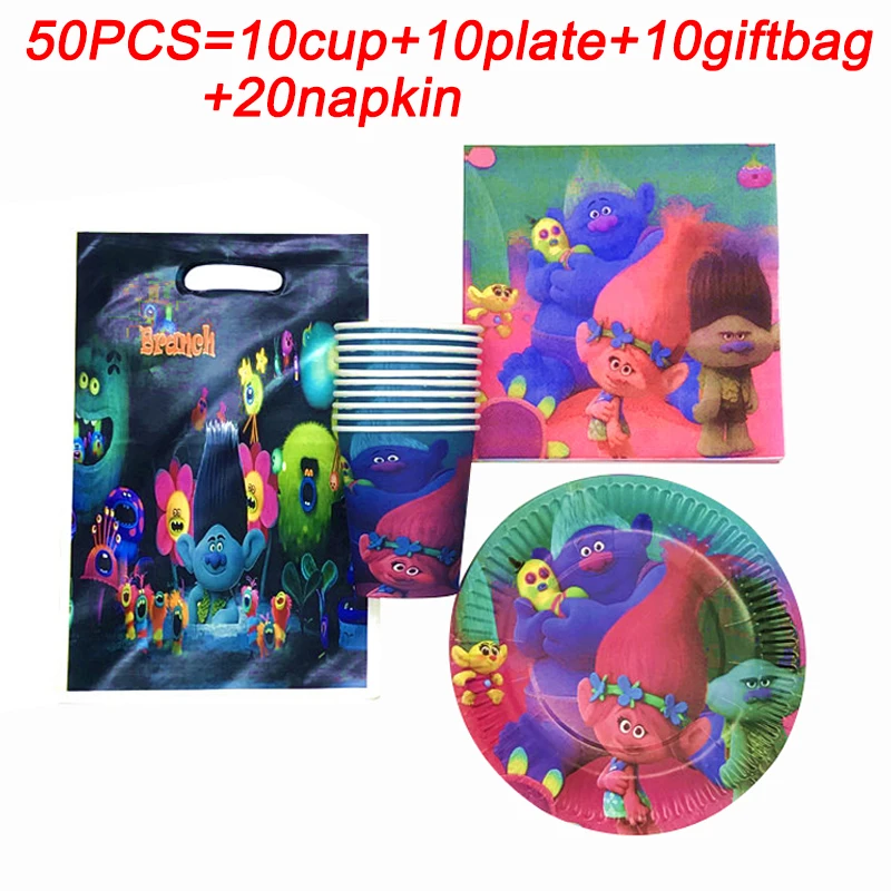 

Trolls Theme Party Decor Banner Flags Kids Birthday Party Supplies Paper Plates Cup Napkins Baby Shower Supplies Tableware Sets