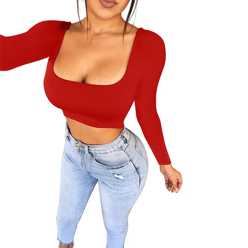 ANJAMANOR Sexy Square Neck Long Sleeve Crop Top T-shirt Women Clothes Spring 2020 Black Red White Club Shirts for D53-H52 | Женская