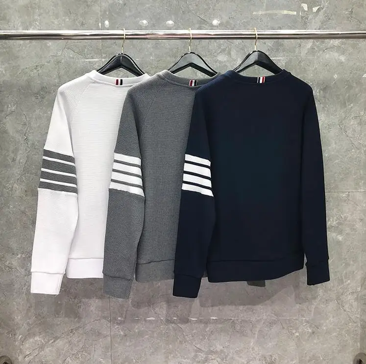 

TB 2021 Fashion THOM Brand Autumn Clothing Casual Cotton Jacket Men Sweatshirts O-Neck Loose Waffle Striped Sportswear Coat