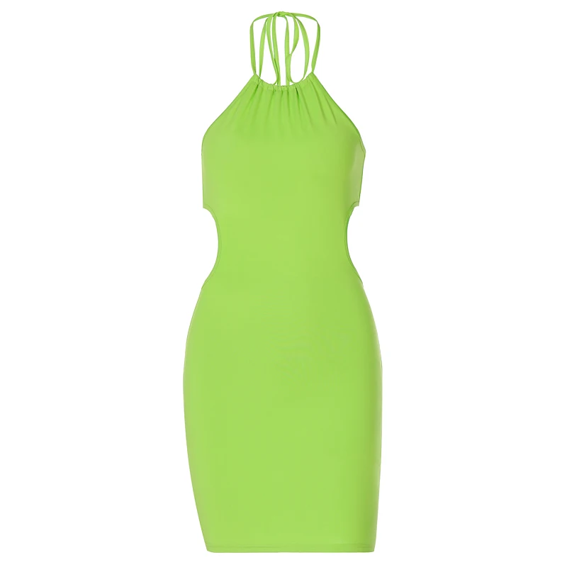 

New Hot Sale Summer Dress Women Bandage Hollow Big Backless Strap Dress Short Fluorescent Green Sexy Party Dresses Beach Holiday