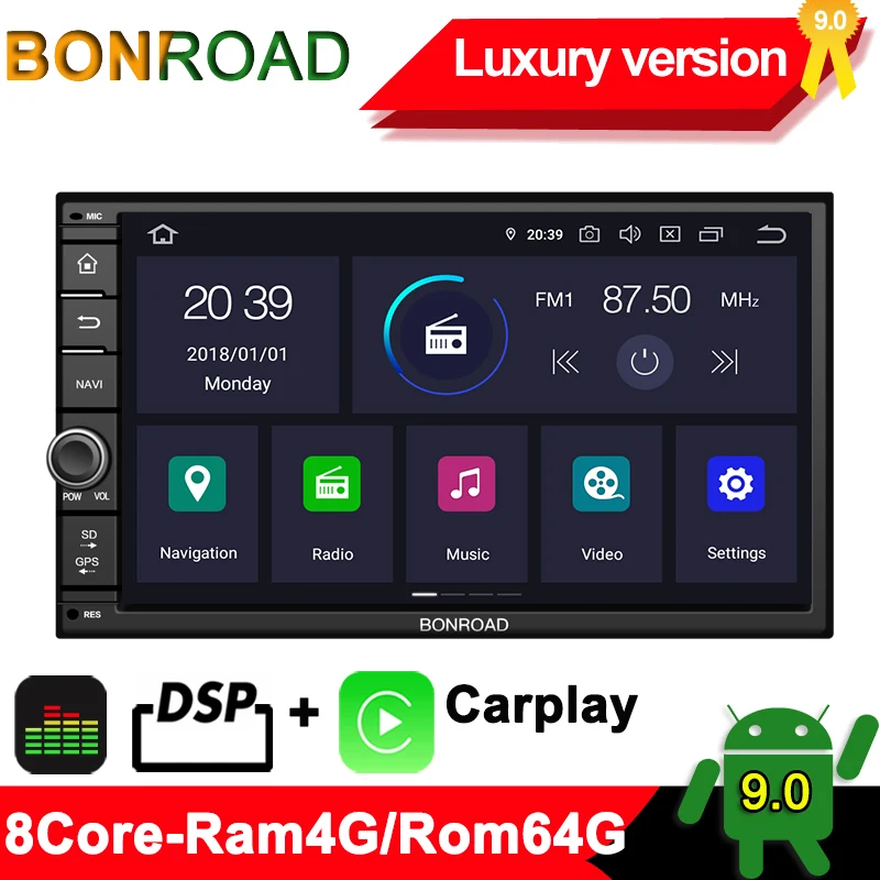 Bonroad " 2Din Android 9,0 Автомобильный мультимедийный плеер для Nissan для hyundai для Kia gps-навигация, радио, стерео-видео(без DVD - Цвет: L-PX5-DSP-Carplay
