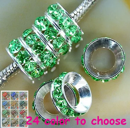 

gh45ft.10mm Light Green Rhinestone Crystal Rondelle Spacer Beads Lot Rhodium Plated Big Hole European Beads.