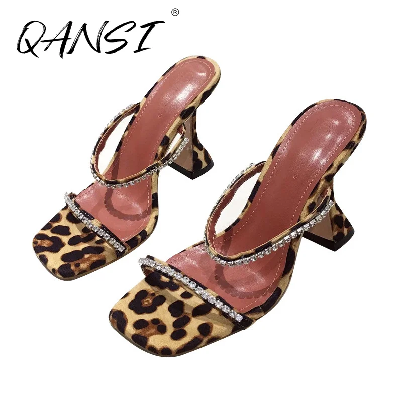 

Summer Square Toe Wine Glass Leopard Women Slippers Fashion Rhinestone Strap Party Women Shoes Outdoor Non-slip Sandal for Women
