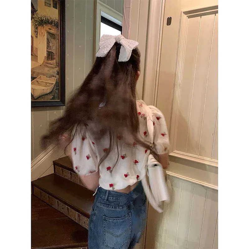 Женская шифоновая рубашка с коротким рукавом V-образным вырезом и вышивкой розы |