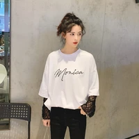 female t shirt womens wear loose letter lace long sleeve tops fake two fashion news popular korean white black patchwork