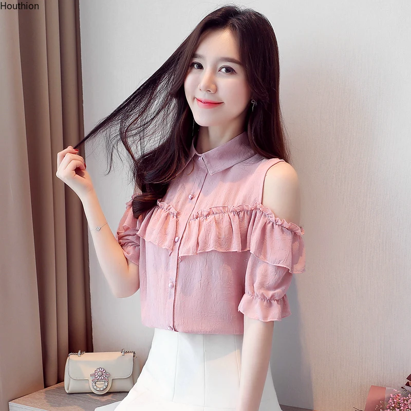

New Short Sleeve Women's Blouse Ruffle Blusas Top Fashion Casual Summer Chiffon Korean Shirt Lapel Solid Splicing Lady