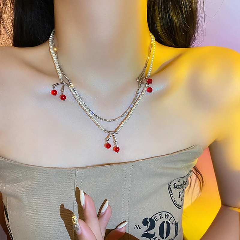 

MENGJIQIAO Korean Elegant Pearl 2 Layers Cherry Necklace For Women Girls Fashion Rhinestone Link Chain Choker Jewelry