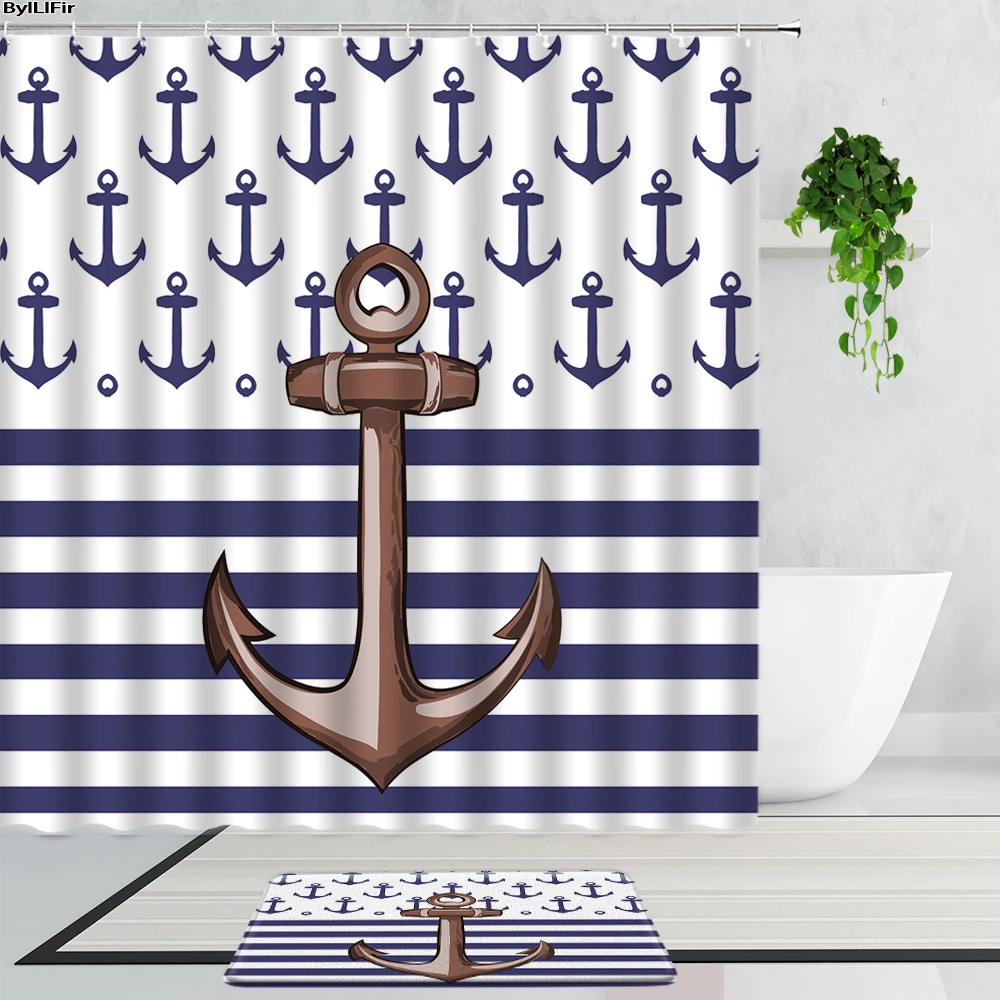 

Geometric Stripes Anchor Shower Curtains Creative Art Nautical Theme Bathroom Decoration Set Non-Slip Carpet Mats Bath Curtain