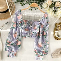 korean fashion printed square neck elastic slim foreign style bubble sleeve short open navel super fairy sweet drawstring top