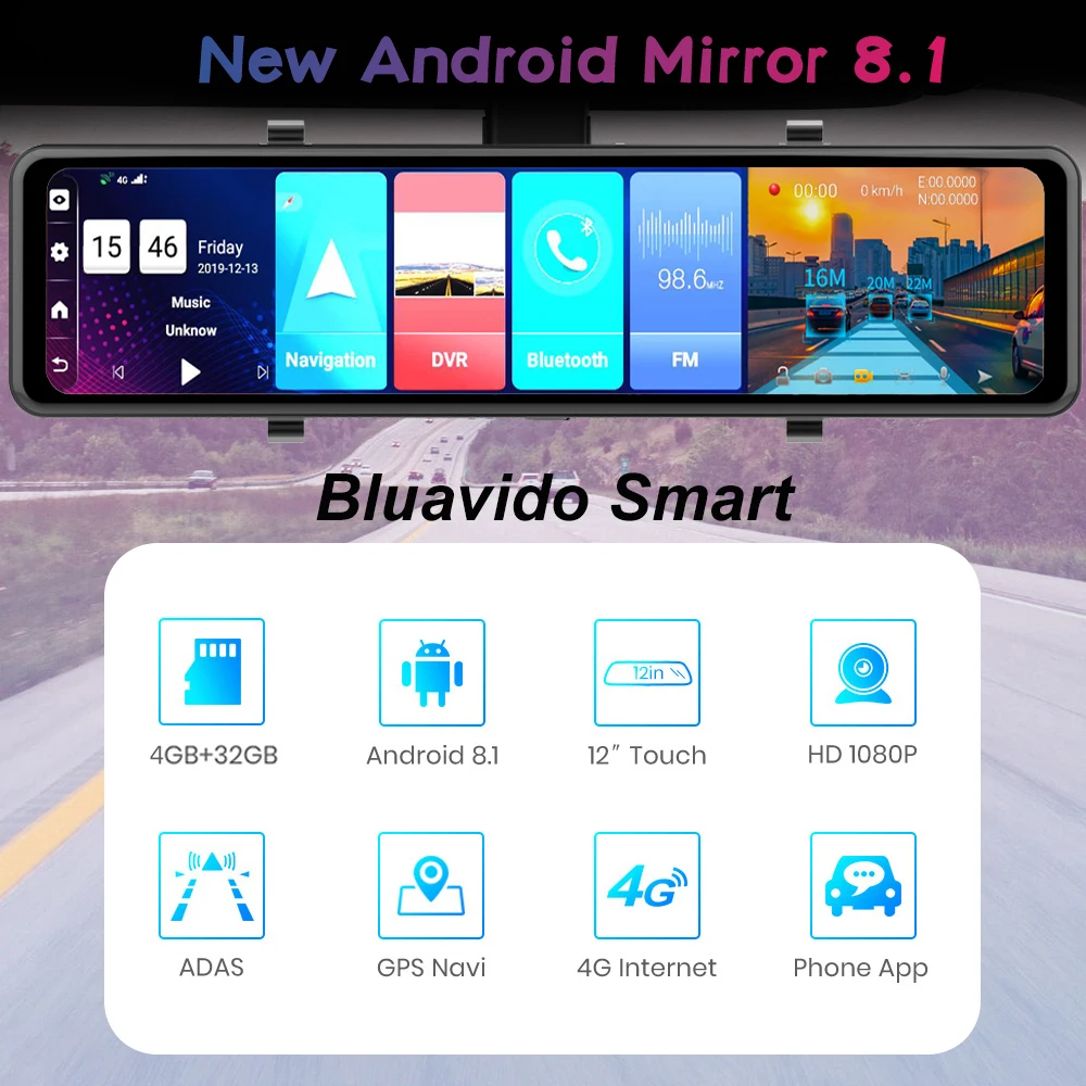 $116.35 Bluavido 12 Inch Car Mirror Android 8.1 DVR Dash Camera 1080P Dual Lens WiFi GPS Navigation ADAS Remote Auto Video Surveillance