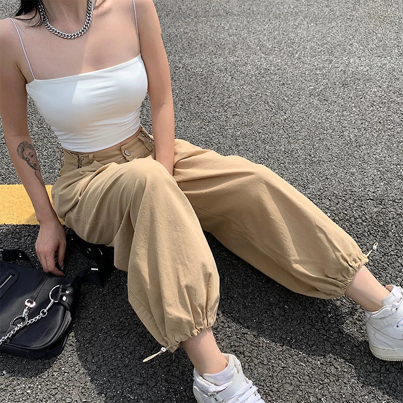 

Y2k Fashion Khaki Oversized Cargo Pants Hip Hop Loose Adjustablewaist Drawstring Streetwear E Girl Autumn Sweatpants Trousers