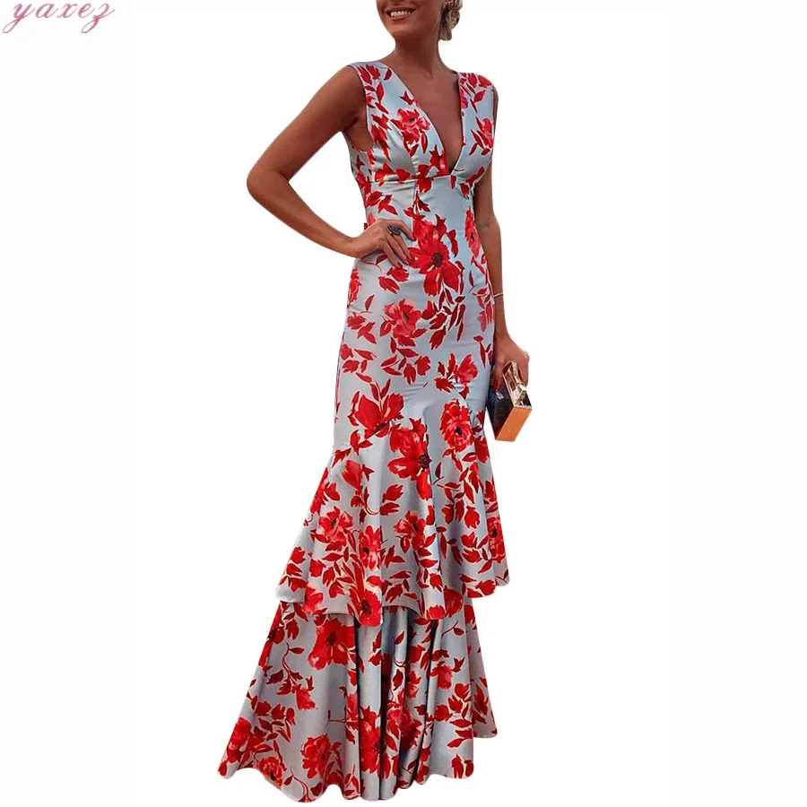 Женское платье с цветочным принтом Boho длинное без рукавов глубоким треугольным