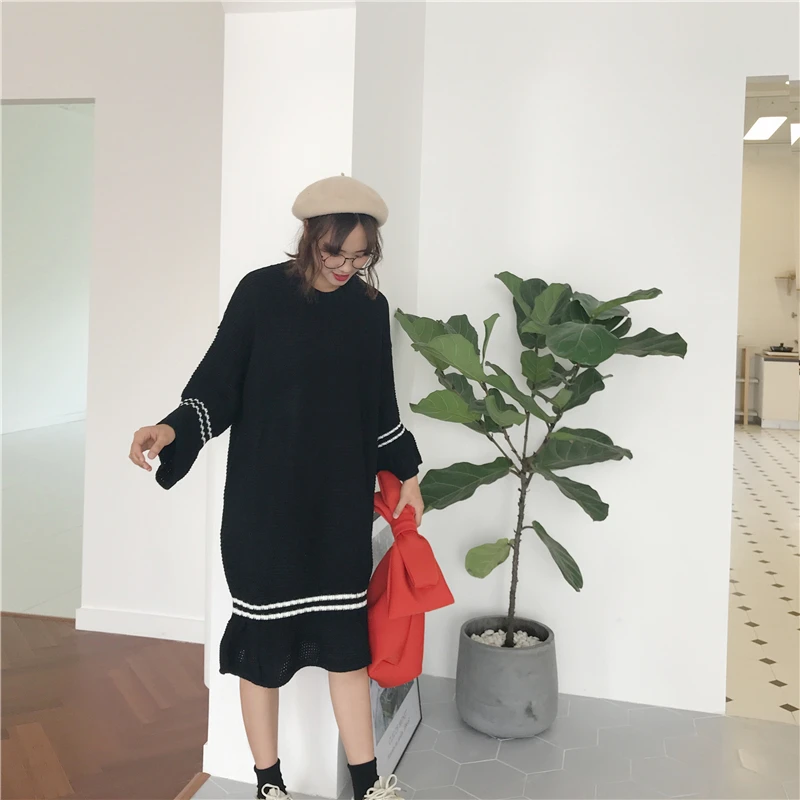 KINOMI Autumn Winter Long Dresses Warm Women Sweater Dress Knitting Loose Sleeve O-Neck Mermaid 2019 New | Женская одежда