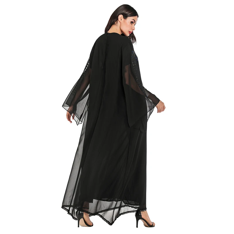 

Elegant Muslim Abaya Arab Singapore Chiffon Hot Diamond Horn Long-Sleeved Round Neck Large Dress Turkish Dubai Dress Long Skirt