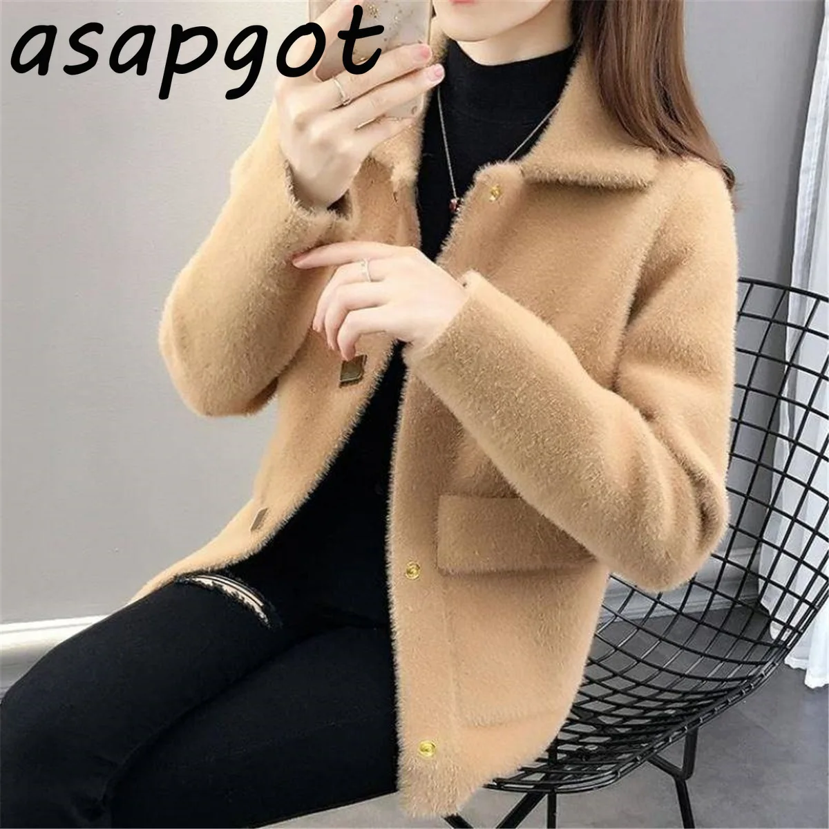 Мохеровый толстый кардиган Asapgot с отложным воротником и длинным рукавом пальто