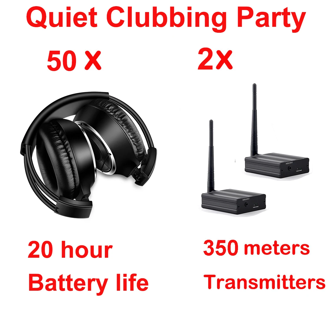 

Silent Disco Complete System Black Folding Wireless Headphones - Quiet Clubbing Party Bundle (50 Headsets + 2 Transmitters)