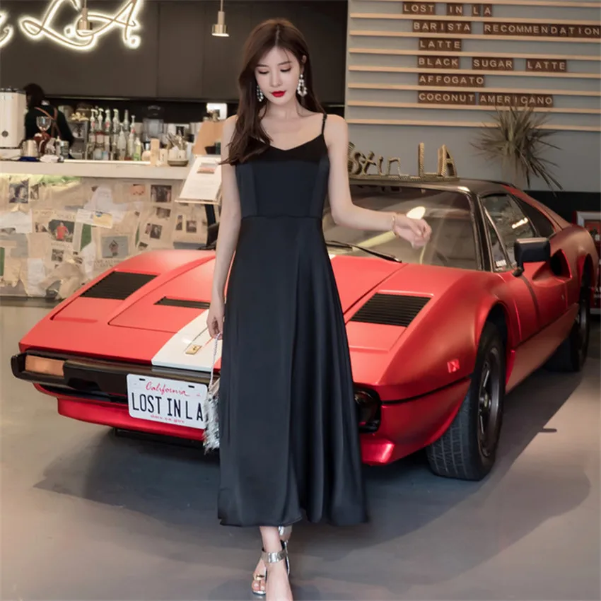 Женское атласное платье-комбинация элегантное черное платье с v-образным вырезом