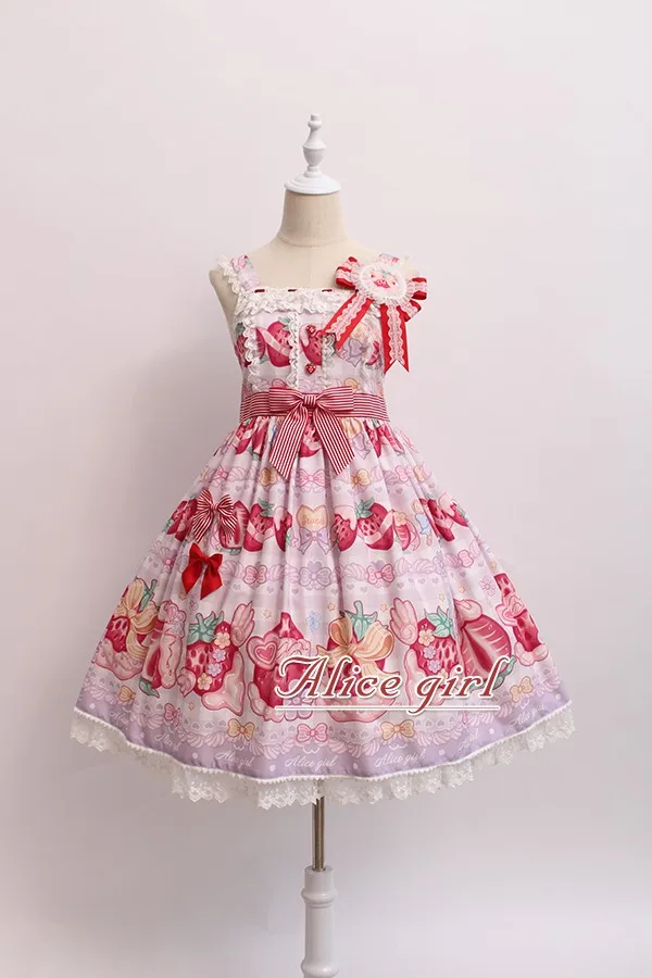Крем и клубника~ сладкий Лолита печатных JSK платье w. Значок от Alice Girl~ предварительный заказ