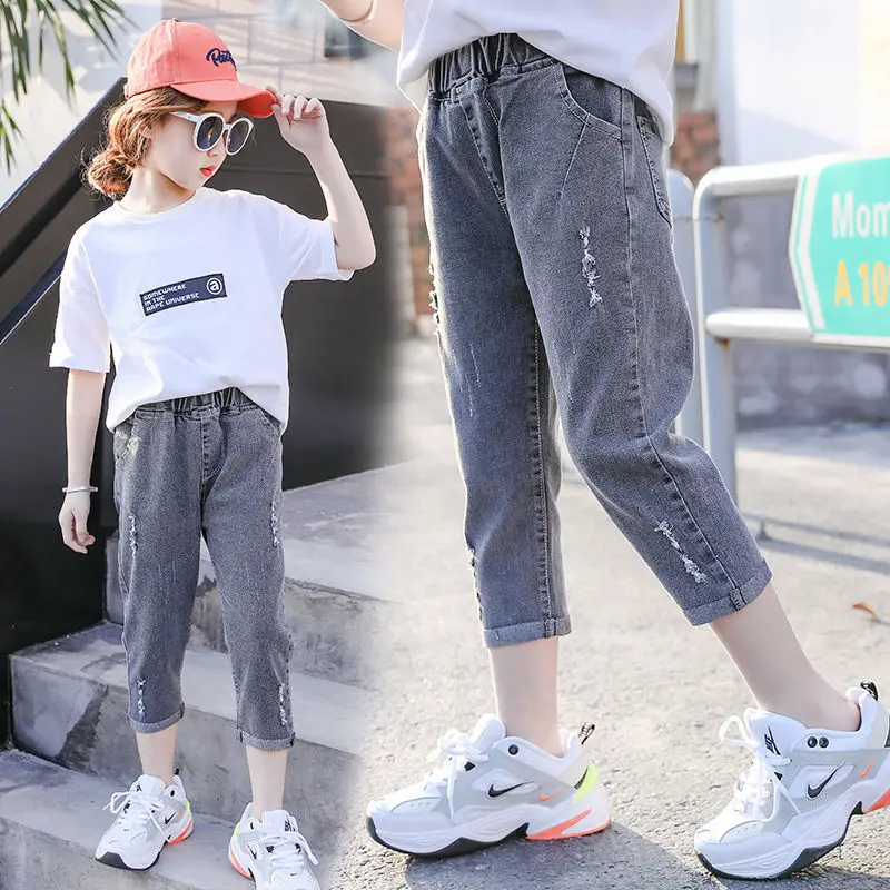 

2020 Summer New Children Girls Casual Hole Solid Color Gray Blue Jeans Teenage Girls Loose Ripped Denim Children Clothing X167