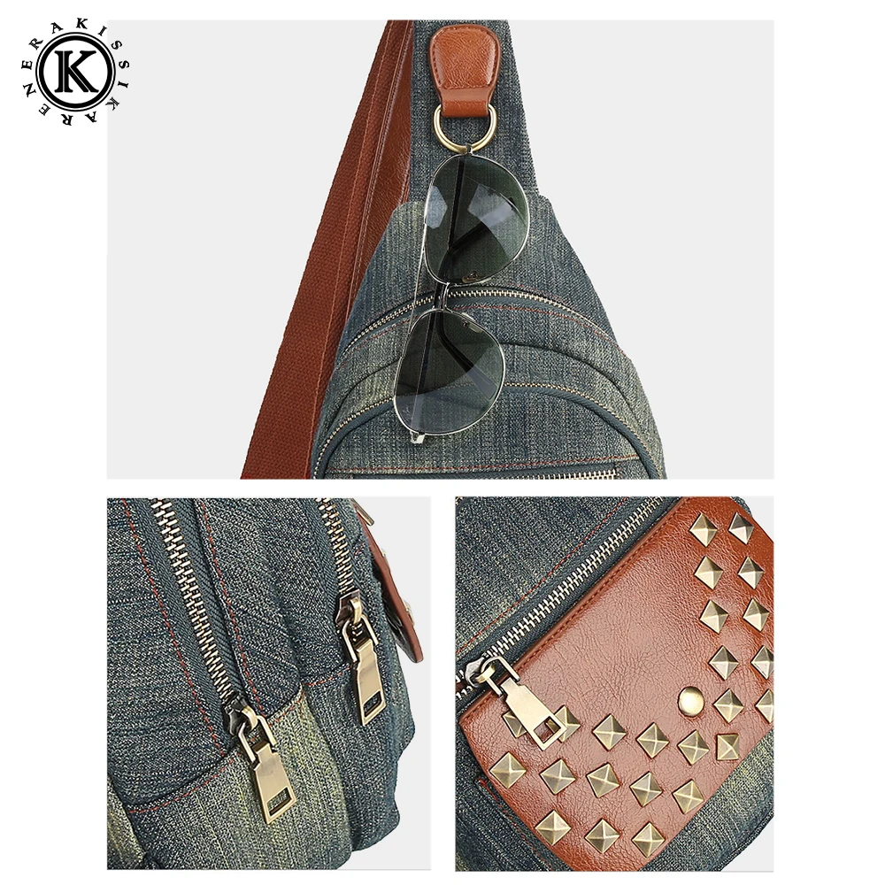 Повседневная модная нагрудная сумка с шипами вместительные прочные джинсы