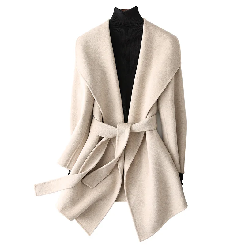 Осенне зимнее шерстяное пальто для женщин длинный пояс двусторонний тонкий