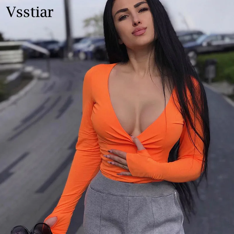 

Vsstiar Candy Colors Women T-Shirt Orange Long Sleeve Basic Solid Y2K Skinny Crop Top New Spring Autumn Casual Femme Shirts