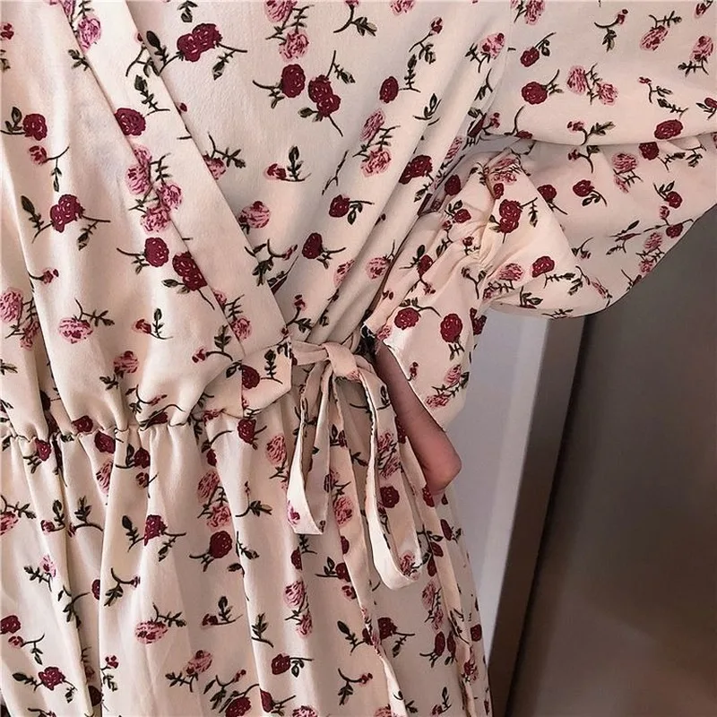 

Women Long Butterfly Sleeve Dress Floral V-neck Fairy Mid-calf Dresses Oversize 3XL Slim OL Elegant Vintage Ins Lace-up Draped