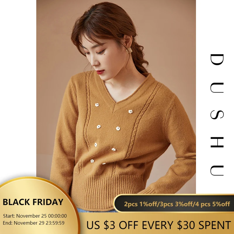 

DUSHU Plus Size V Neck Floral Embroidery Knitted Sweater Women Long Sleeve Oversized Autumn Winter Pullover Knitwear Jumper 2020