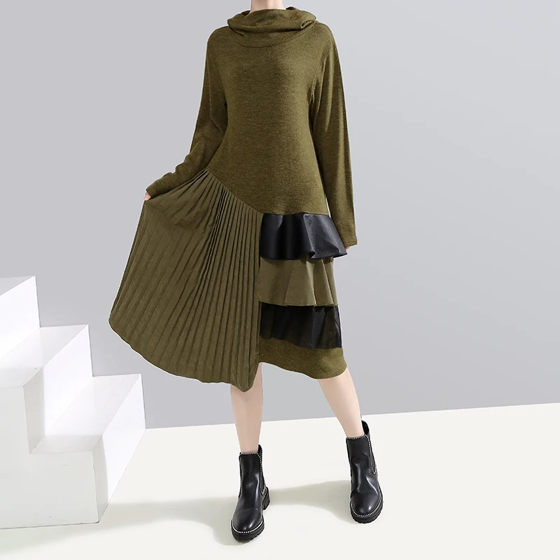 Новинка 2019 Женское зимнее Длинное Зеленое плиссированное платье с длинным