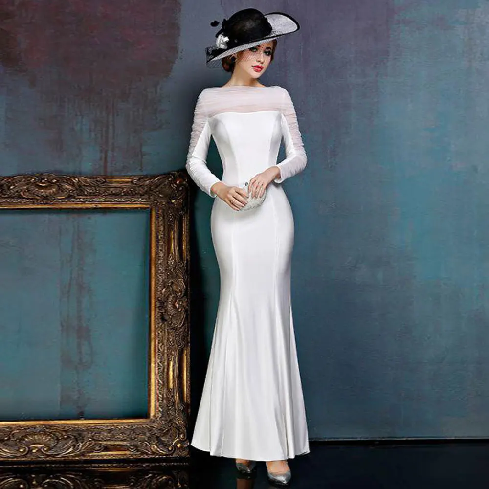 

Mermaid / Trumpet horizontal neck Anke length long-sleeved Evening Dresses Fold\Ruffle Draped high quality Fashion 2021